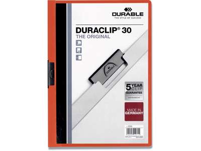 Klemmappe, 30 ark, Orange, Transparent forside, Durable DURACLIP 30