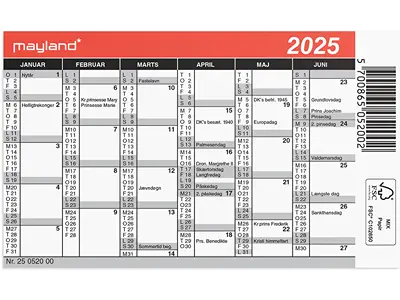 Vægkalender, 2025, Mini, 6 måneder pr. side, Mayland