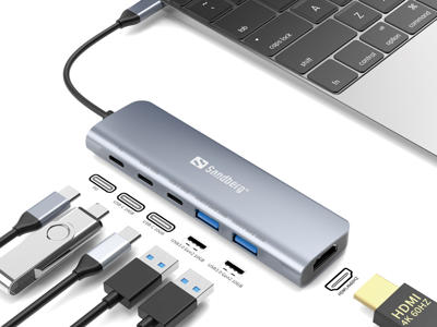 Sandberg USB-C Dock HDMI + 2xUSB-A + 2xUSB-C + PD100W Ledningsført USB 3.2 Gen 1 (3.1 Gen 1) Type-C Aluminium