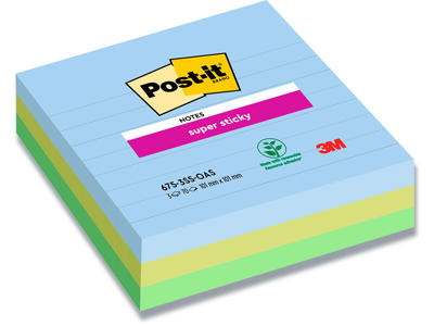 Memonotes, 101x101 mm, Assorteret Oasis, 3 blokke, Post-it Super Sticky Linjeret