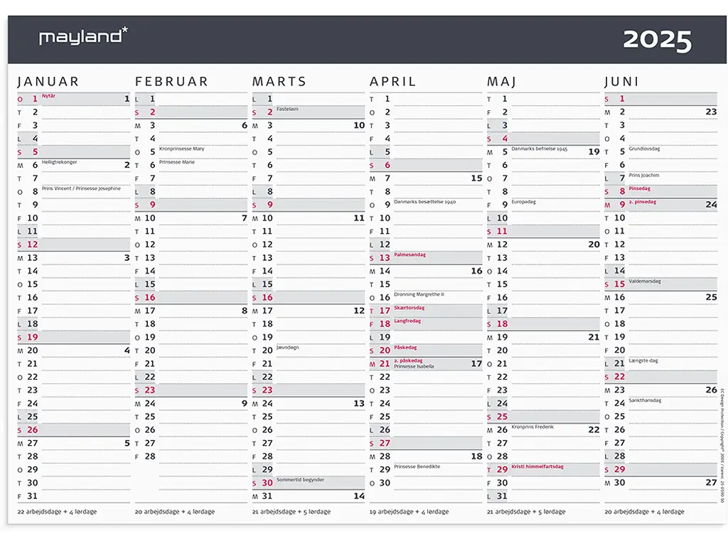 Vægkalender, 2025, A4, Kontor, Moderne, 6 måneder pr. side, Mayland