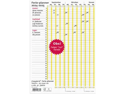 Ferie planner, 2024-2025, Ny ferielov, 1. september 2024 til 31. december 2025, Gul, Mayland