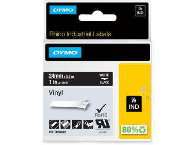 Labeltape, 24mm x 5.5m, Hvid på Sort, 1 rulle, Dymo Rhino Industri