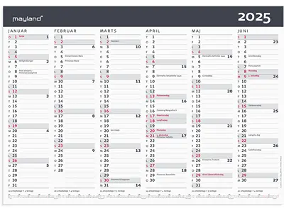 Vægkalender, 2025, A3, Kontor, 6 måneder pr. side, A3, Mayland