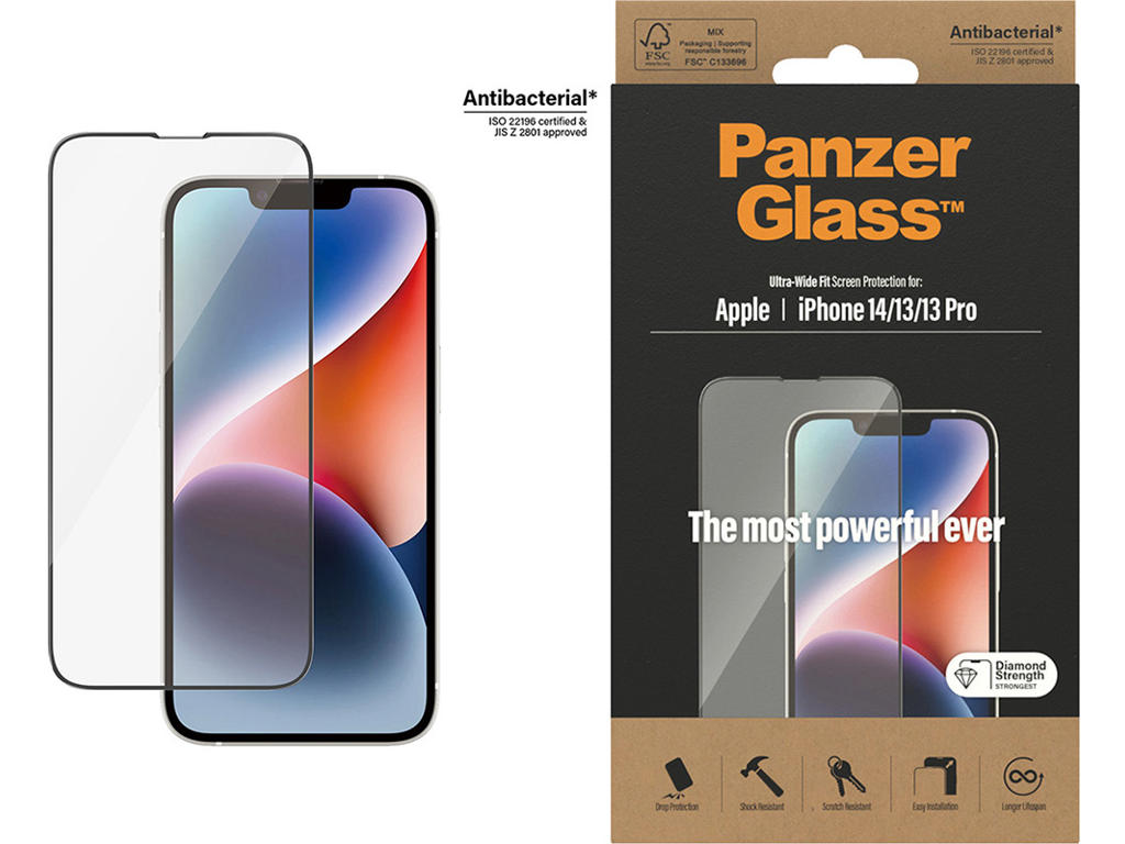 Skærmbeskyttelse, iPhone 14/iPhone 13/iPhone 13 Pro, Sort, 1 stk, PanzerGlass Antibacterial - UWF 