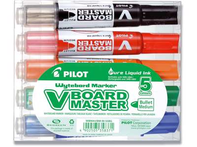 Whiteboard marker, Rund spids, Sort Rød Blå Grøn Orange, 1-3 mm, Pilot V Board Master WBMA-VBM-M-S5-BG