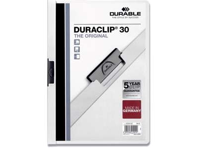 Klemmappe, 30 ark, Hvid, Transparent forside, Durable DURACLIP 30