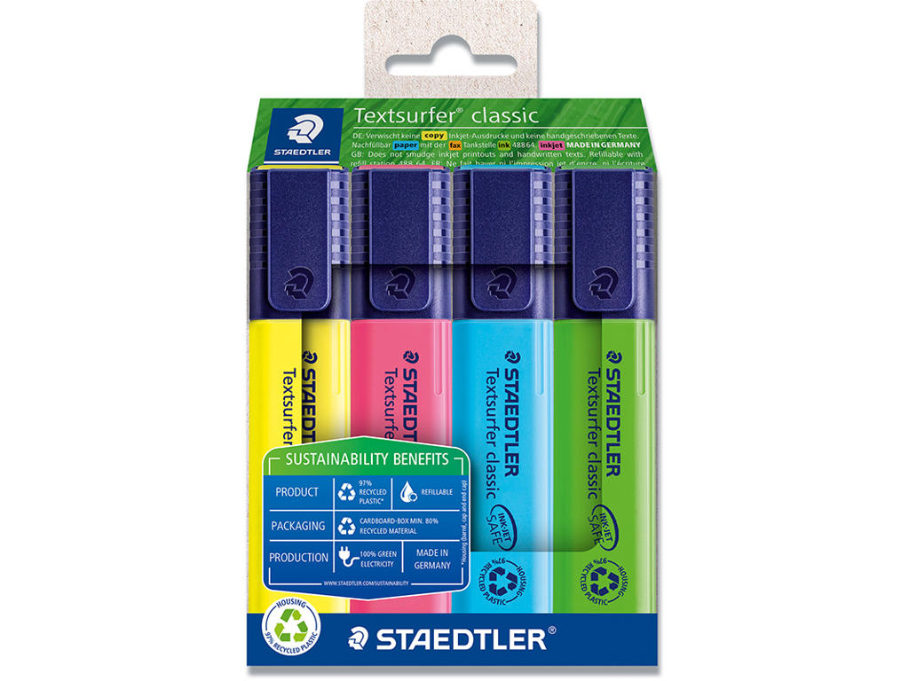 Tekstmarker, Inkjet safe, Assorteret, 4 stk, Staedtler Textsurfer Classic inkjet 364