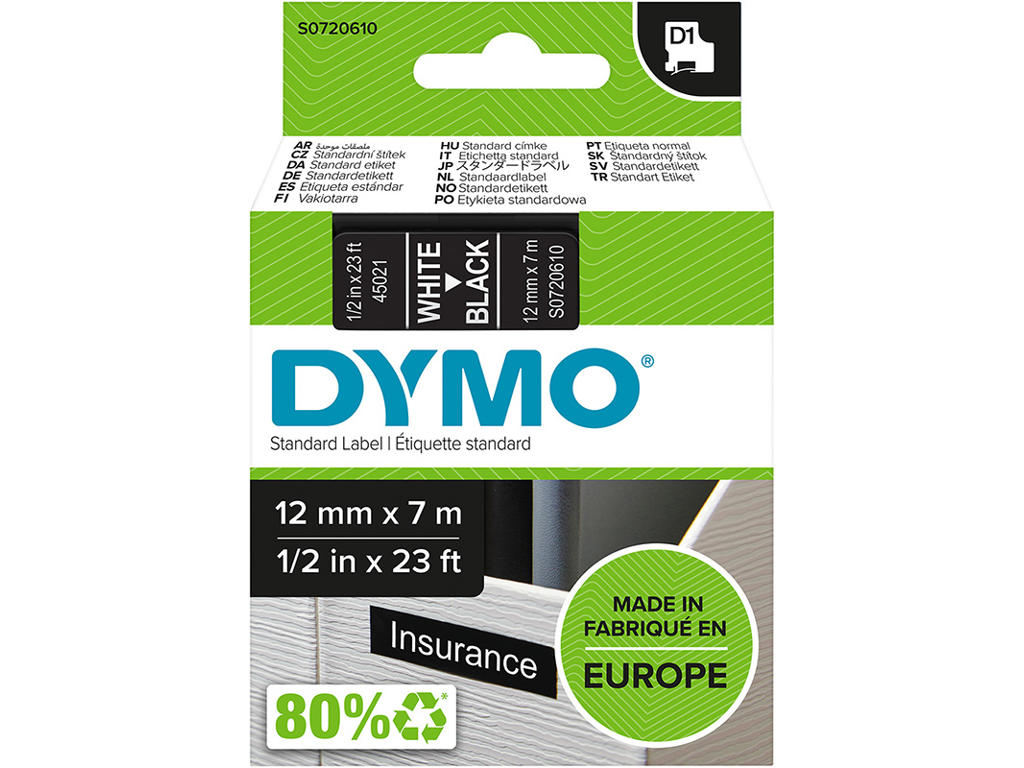 Labeltape, 12mm x 7m, Hvid på Sort, 1 rulle, Dymo D1 45021