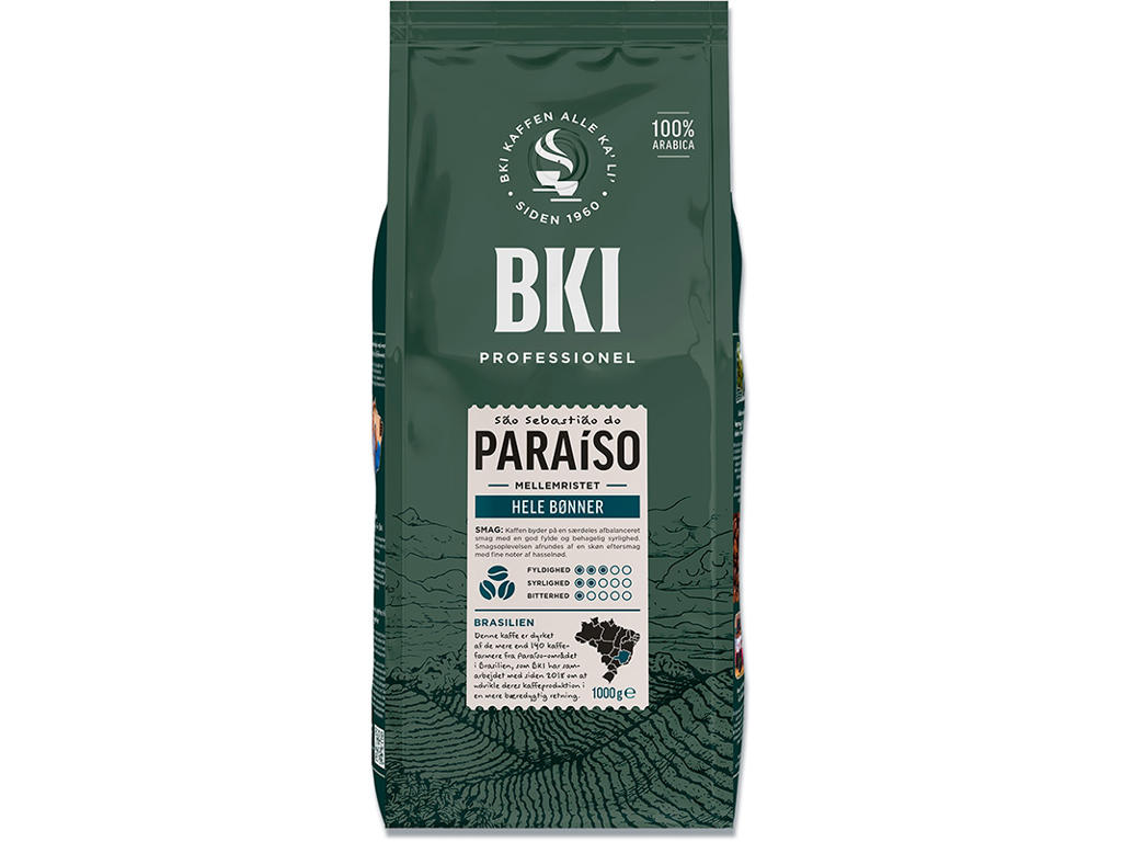 Kaffe, Hele bønner, Mellemristet, 1000 g, 1 pose, BKI Paraiso