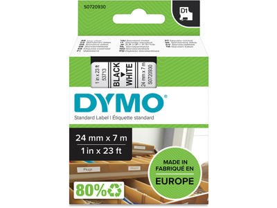 Labeltape, 24mm x 7m, Sort på Hvid, 1 rulle, Dymo D1 53713