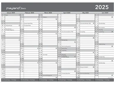 Vægkalender, 2025, A3, Basic Kontor, 6 måneder pr. side, Mayland