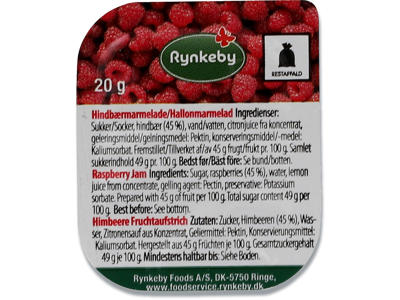 Marmelade, Hindbær, Portionsbæger, 20 g, 132 stk, Rynkeby