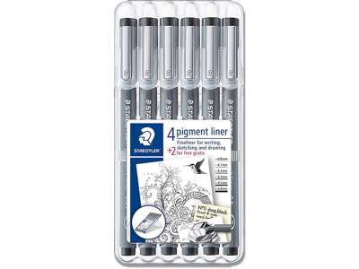 Fineliner, Sort, 0.05, 0.1, 0.2, 0.3, 0.5, 0.8 mm, 6 stk, Staedtler Pigment 308