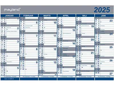 Vægkalender, 2025, Dobbelt, 6 måneder pr. side, Mayland